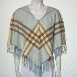Burberry Light Blue and Cream Merino Wool Poncho, made in Scotland